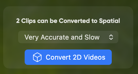 CosmiCut Project Inspector showing two clips can be converted to spatial with a Convert 2D Videos button