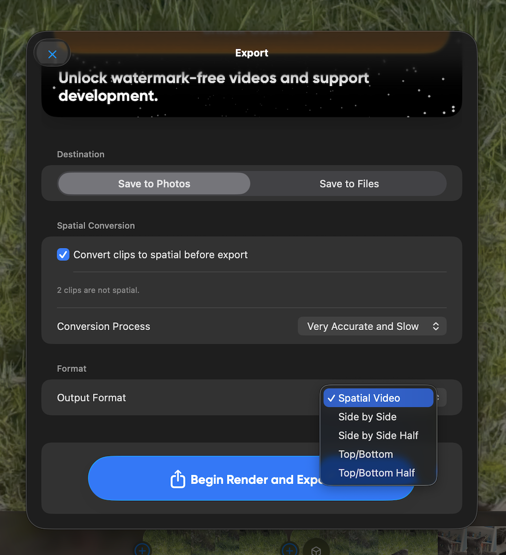 CosmiCut export sheet showing destination, spatial conversion, conversion process, and output format controls