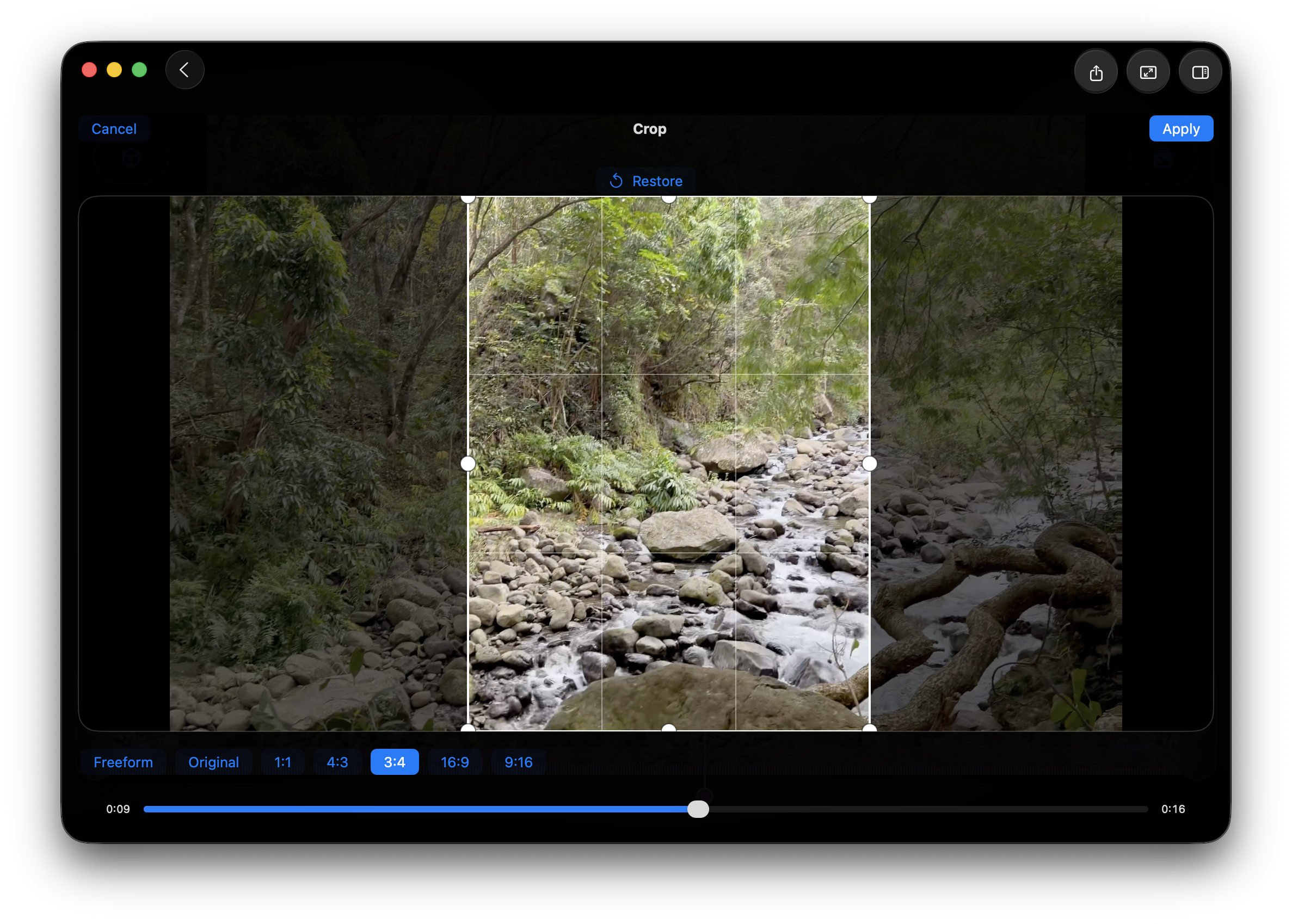 CosmiCut video crop editor showing a resizable 3:4 crop over a forest stream, aspect ratio controls, and a frame preview scrubber