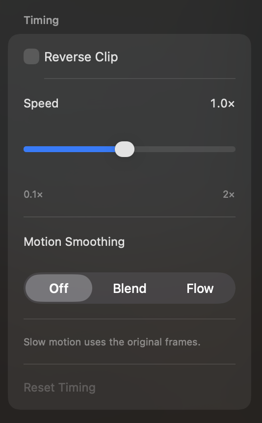 CosmiCut’s Timing controls, showing Reverse Clip, a speed slider from 0.1× to 2×, and Off, Blend, and Flow motion smoothing options.