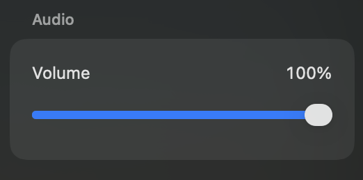 CosmiCut’s per-clip Audio controls, showing the Volume slider set to 100%.